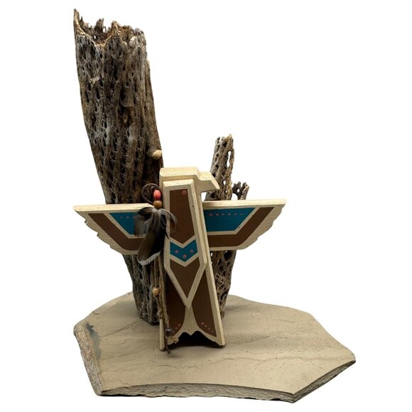 Wood Native American Style Thunderbird Sculpture Feathers Bead southwestern READ - Picture 1 of 7